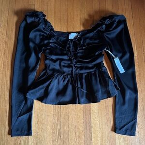 Six/Fifty Silky Black Milkmaid Top with Keyhole Bow and Ruffles, Size S, NWT